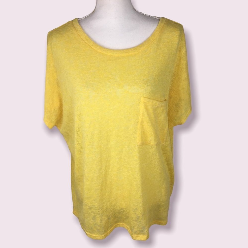 NWOT CY Fashions Oversized Yellow Short Sleeve Pocket Shirt Split Back